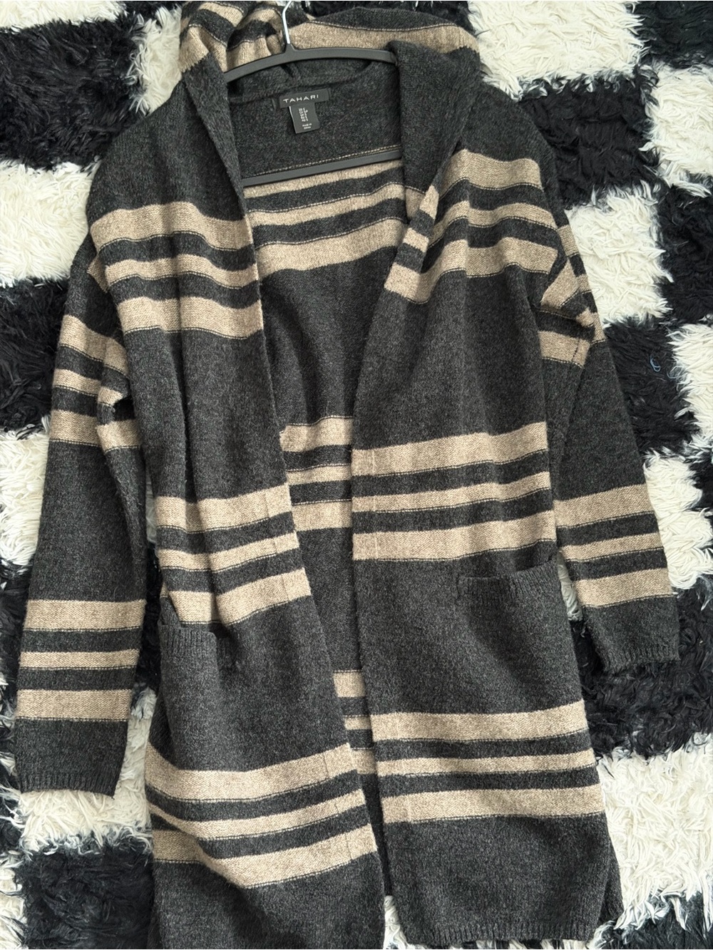 Tahari Striped Hooded Open Cardigan in Charcoal and Beige